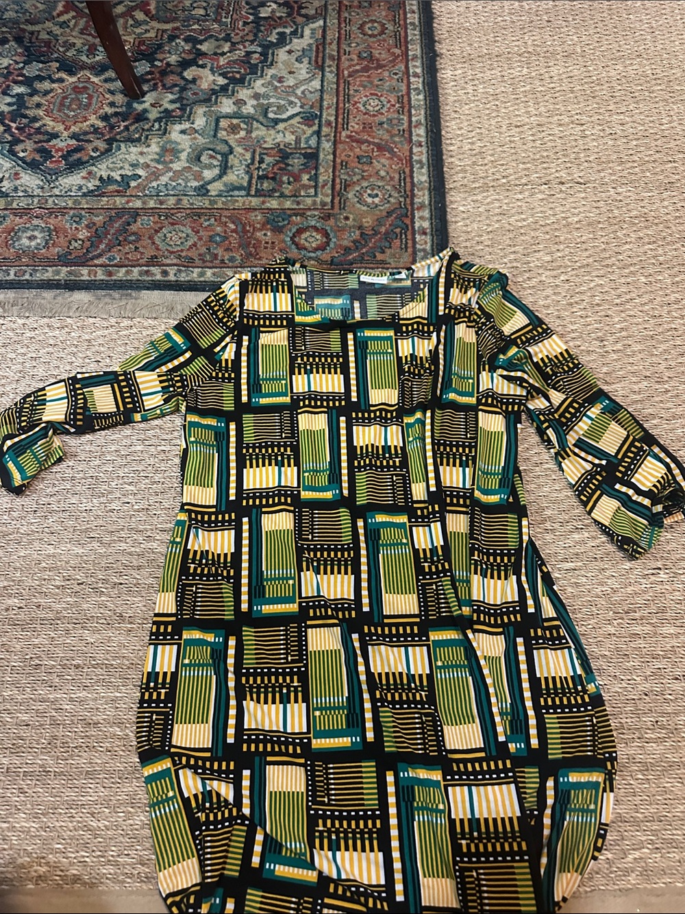 Kim Rogers Green and Yellow Geometric Long Sleeve Dress